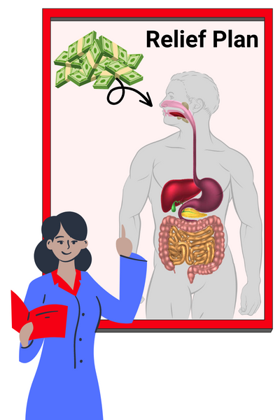 Image of a person presenting a "Relief Plan" poster with money being shoved down the digestive tract. 