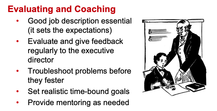 Powerpoint slide with the text:
Evaluating and Coaching
Good job description essential (it sets the expectations) 
Evaluate and give feedback regularly to the executive director 
Troubleshoot problems before they fester
Set realistic time-bound goals
Provide mentoring as needed