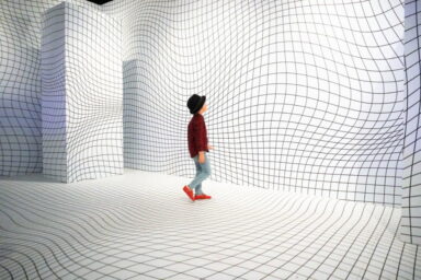 Image of child in a grid patterned room