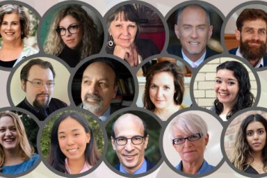 All of the WolfBrown team's profile pictures in small spheres with a background of multiple colors