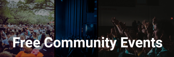 Text "Free Community Events" over images of audiences